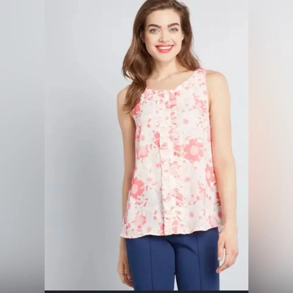 ModCloth Bit of Frill Sleeveless Top Blouse Small Pink Floral - Picture 1 of 11